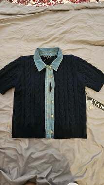 NVLT 2-in-1 Patchwork Denim Collar Cable Knit Short Sleeve Cardigan